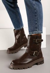 Brązowe Botki Bikery na Grubej Tłoczonej Podeszwie Ozdobione Klamrami Ravalissae. Brązowe botki damskie Born2be, z jeansu, eleganckie, bez obcasa, na obcasie, bez zapięcia. Za 139.99 zł.