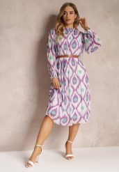 Fioletowa Sukienka Ozdobiona Wzorem i Plisowaniem z Paskiem w Komplecie Bertina. Fioletowe sukienki damskie Renee, l, bez wzorów, eleganckie, bez kołnierzyka, bez ramiączek, midi. W wyprzedaży za 104.99 zł.