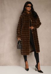 Brązowy Płaszcz Futerko z Ozdobnymi Przeszyciami i Kapturem Esetia. Brązowe płaszcze damskie Renee, m, bez wzorów, z futra, eleganckie. Za 399.99 zł.
