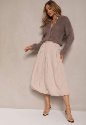 Beżowa Rozkloszowana Spódnica z Wiskozą Zdobiona Zakładkami Volnira. Brązowe spódniczki damskie Renee, l, z aplikacjami, z wiskozy, eleganckie, midi, oversize. Za 109.99 zł.