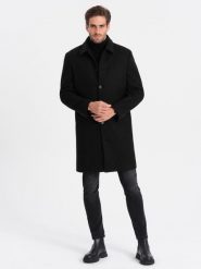 Męski długi jednorzędowy płaszcz z kołnierzykiem i podpinką – czarny V1 OM-COWC-0106 - XXL. Czarne płaszcze męskie Ombre Clothing, l, bez wzorów, z materiału, eleganckie. Za 365.99 zł.