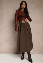 Brązowa Spódnica z Wiskozą o Rozkloszowanym Kroju z Paskiem z Klamrą Tiavela. Brązowe spódniczki damskie Renee, bez wzorów, z koronki, eleganckie, maxi, dopasowane. Za 109.99 zł.