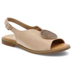 Sandały damskie Filippo, zapinane sprzączką na płaskim obcasie z ozdobą, beżowe, DS6229-25-BE. Brązowe sandały damskie Filippo, z aplikacjami, ze skóry, bez obcasa, na płaskiej podeszwie. Za 99.99 zł.