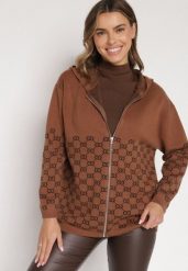 Brązowy Kardigan na Suwak z Kapturem i Geometrycznym Motywem Lunetusa. Brązowe kardigany damskie Born2be, l, bez wzorów, z jeansu. Za 89.99 zł.