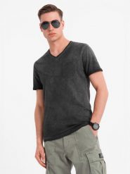 Męski bawełniany t-shirt V-neck z dzianiny z efektem sprania - czarny V6 OM-TSWT-0242 - XXL. Czarne t-shirty męskie Ombre Clothing, l, bez wzorów, z bawełny, bez kołnierzyka. W wyprzedaży za 39.99 zł.