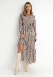 Beżowo-Granatowo-Beżowa Sukienka Maxi Boho Elerra. Brązowe sukienki damskie Born2be, na randkę, l, bez wzorów, z materiału, boho, bez kołnierzyka, bez ramiączek, maxi, rozkloszowane. W wyprzedaży za 111.99 zł.