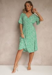 Zielona Rozkloszowana Sukienka z Bawełny Zdobiona Kwiatowym Printem Arirelle. Zielone sukienki damskie Renee, na imprezę, na lato, l, z aplikacjami, z bawełny, eleganckie, bez kołnierzyka, bez ramiączek, midi, rozkloszowane. W wyprzedaży za 59.99 zł.
