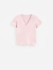 Bawełniany t-shirt - pastelowy róż. Czerwone t-shirty damskie Reserved, l, bez wzorów, z bawełny, bez kołnierzyka. Za 35.99 zł.