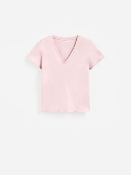 Bawełniany t-shirt - pastelowy róż. Czerwone t-shirty damskie Reserved, l, bez wzorów, z bawełny, bez kołnierzyka. Za 35.99 zł.