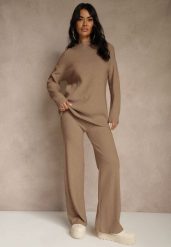 Ciemnobeżowy Komplet z Wełną i Bawełną Szerokie Spodnie i Sweter o Długim Kroju Reilissa. Brązowe spodnie materiałowe damskie Renee, bez wzorów, z bawełny. Za 139.99 zł.