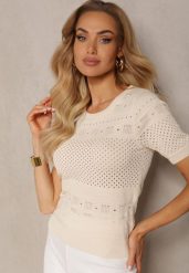 Beżowa Klasyczna Bluzka w Ażurowy Wzór Lidakra. Brązowe bluzki damskie Renee, s, w ażurowe wzory, z jeansu, eleganckie, bez kołnierzyka, bez ramiączek. Za 59.99 zł.