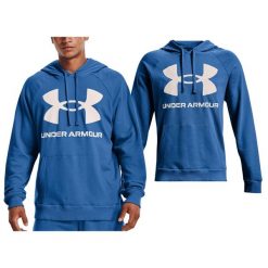 Bluza sportowa dla mężczyzn Under Armour Rival feelce big logo. Niebieskie bluzy bez kaptura męskie Under Armour, bez wzorów, sportowe, bez kołnierzyka, bez ramiączek. Za 179.00 zł.
