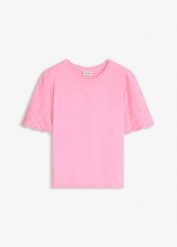 T-shirt z miękkiej mieszanki wiskozy z ażurowym haftem. Białe t-shirty damskie bonprix, w ażurowe wzory, z wiskozy, bez kołnierzyka. Za 54.99 zł.