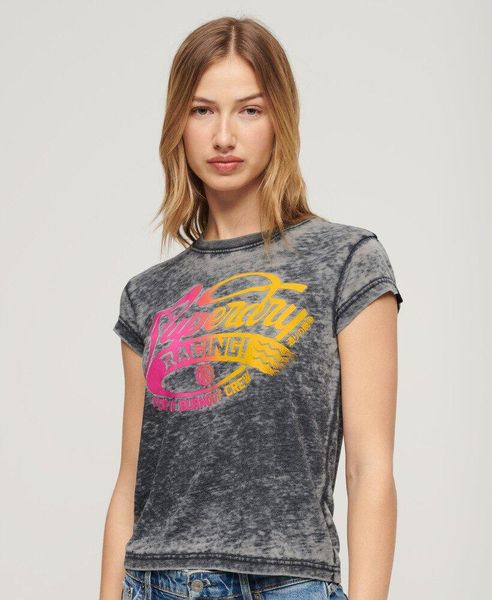 Superdry Damska koszulka Fade Rock Graphic Cap Slv. Czarne t-shirty damskie Superdry., bez wzorów, z bawełny, bez kołnierzyka. Za 140.65 zł.