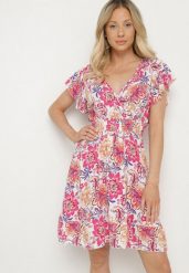 Fuksjowa Bawełniana Sukienka w Kwiaty z Kopertowym Dekoltem Rozkloszowana Jenovienna. Czerwone sukienki damskie Born2be, na co dzień, l, bez wzorów, z bawełny, eleganckie, bez kołnierzyka, bez ramiączek, mini, kopertowe. W wyprzedaży za 39.99 zł.