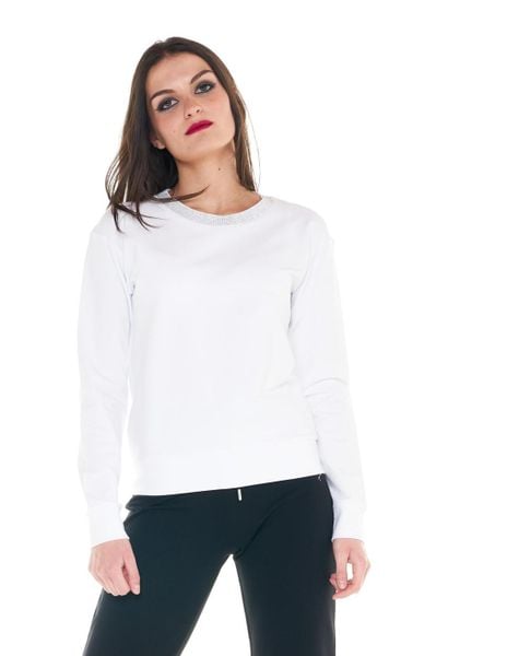 Damska bluza z okrągłym dekoltem Cristal Shine. Białe bluzy sportowe damskie LEONE 1947 APPAREL, na lato, l, bez wzorów, z bawełny, bez ramiączek, długie, z kapturem. Za 147.31 zł.