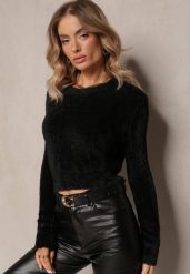 Czarny Puchaty Sweter o Krótkim Kroju Darilin. Czarne swetry klasyczne damskie Renee, z dzianiny, bez kołnierzyka. Za 54.99 zł.