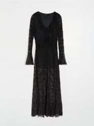 Koronkowa sukienka maxi z falbanami - czarny. Czarne sukienki damskie Sinsay, l, bez wzorów, z koronki, bez kołnierzyka, bez ramiączek, maxi. Za 69.99 zł.