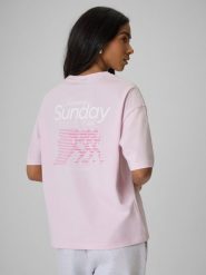 4F T-shirt loose z nadrukiem damski - różowy L. Czerwone t-shirty damskie 4f, l, bez wzorów, z bawełny, bez kołnierzyka. Za 59.99 zł.