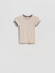 T-shirt z kontrastową wstawką - beżowy. Brązowe t-shirty damskie Reserved, l, bez wzorów, z dzianiny, bez kołnierzyka. Za 49.99 zł.