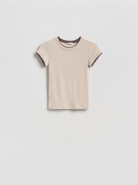 T-shirt z kontrastową wstawką - beżowy. Brązowe t-shirty damskie Reserved, l, bez wzorów, z dzianiny, bez kołnierzyka. Za 49.99 zł.