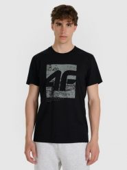 4F T-shirt regular z nadrukiem męski - czarny L. Czarne t-shirty męskie 4f, l, bez wzorów, z bawełny, bez kołnierzyka. W wyprzedaży za 59.99 zł.