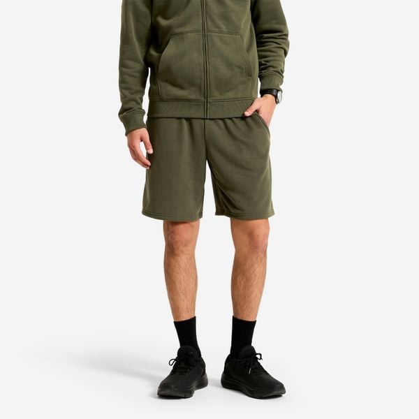 Spodenki fitness męskie Domyos Essentials. Zielone szorty męskie DOMYOS, bez wzorów, z materiału, sportowe. Za 49.99 zł.