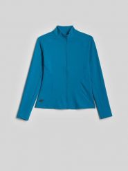 4F Bluza treningowa slim bez kaptura damska - turkusowa XS. Niebieskie kardigany damskie 4f, l, bez wzorów, z materiału. Za 179.99 zł.