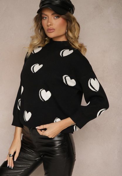 Czarno-Biały Sweter z Wiskozą i Modalem Ozdobiony Sercami Zeanisia. Czarne swetry klasyczne damskie Renee, m, z jeansu, bez kołnierzyka. Za 69.99 zł.