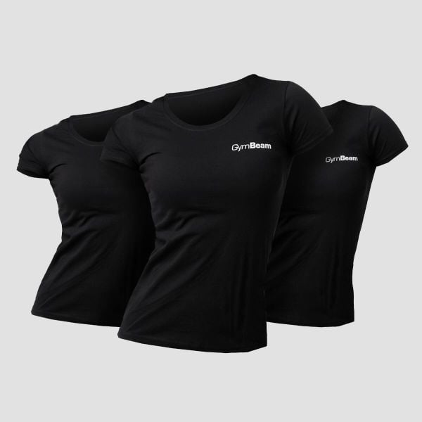 Koszulka damska fitness z krótkim rękawem czarna Basic 3Pack. Czarne bluzki sportowe damskie GYMBEAM, l, bez wzorów, z bawełny, bez ramiączek. Za 102.90 zł.