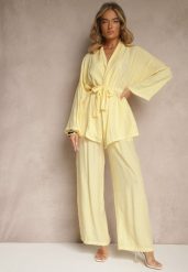 Żółty Komplet z Wiskozy Spodnie o Szerokim Kroju i Bluzka z Wiązaniem Livelia. Żółte spodnie materiałowe damskie Renee, bez wzorów, z wiskozy, eleganckie. Za 139.99 zł.