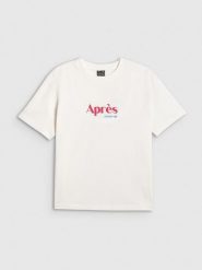 4F T-shirt boxy z nadrukiem damski - beżowy XS. Brązowe t-shirty damskie 4f, xs, bez wzorów, z bawełny, bez kołnierzyka. Za 69.99 zł.