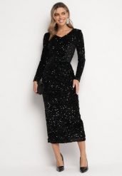 Czarna Cekinowa Spódnica Midi za Kolano z Rozcięciem Asinna. Czarne spódniczki damskie Born2be, l, bez wzorów, glamour, midi, proste. Za 139.99 zł.
