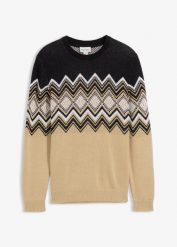 Sweter w norweski wzór z miękkiej mieszanki bawełny. Brązowe swetry męskie bonprix, l, bez wzorów, z bawełny, bez kołnierzyka. Za 104.99 zł.
