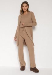 Ciemnobeżowy Komplet Dzianinowy z Bawełną Spodnie Kamizelka i Długi Kardigan Meviravia. Brązowe spodnie materiałowe damskie Born2be, bez wzorów, z bawełny, eleganckie. Za 139.99 zł.
