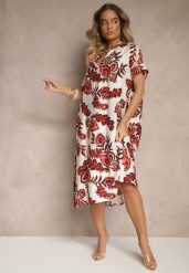Bordowa Sukienka z Lnem i Wiskozą w Etniczne Kwiaty o Pudełkowym Kroju Natireia. Czerwone sukienki damskie Renee, na co dzień, l, bez wzorów, z wiskozy, eleganckie, bez kołnierzyka, bez ramiączek, midi. W wyprzedaży za 79.99 zł.