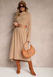 Brązowa Sweterkowa Sukienka z Wiskozą z Golfem i Eleganckimi Rozcięciami Elettrina. Brązowe sukienki damskie Renee, na co dzień, s, bez wzorów, z wiskozy, eleganckie, bez kołnierzyka, bez ramiączek, midi. Za 94.99 zł.