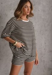 Beżowo-Czarny Komplet Casualowy z Bawełny Oversize T-shirt i Szorty w Paski Stylizowany na Szydełkowany Pherra. Brązowe szorty damskie Renee, bez wzorów, z bawełny, eleganckie. Za 159.99 zł.