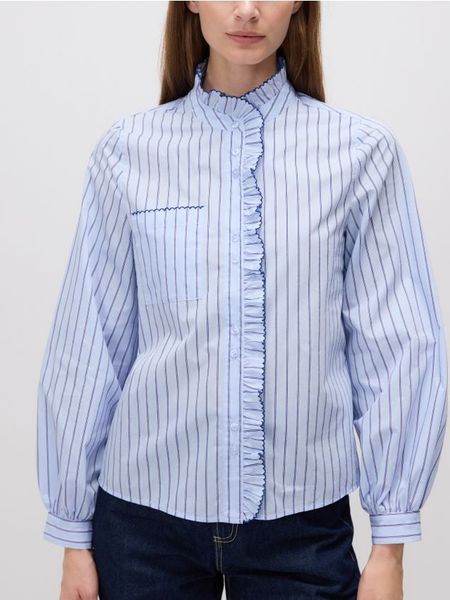 Koszula z falbaną - jasnoniebieski. Niebieskie koszule damskie Reserved, l, bez wzorów, z bawełny, bez kołnierzyka, bez ramiączek. Za 139.99 zł.