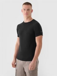 4F T-shirt bezszwowy regular męski 4F x Robert Lewandowski - czarny S/M. Czarne t-shirty męskie 4f, na lato, m, bez wzorów, z dzianiny, bez kołnierzyka. W wyprzedaży za 79.99 zł.