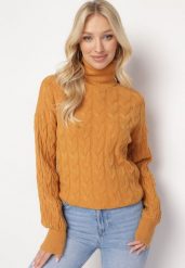Brązowy Sweter z Golfem w Warkoczowy Splot ze Ściągaczami Maraiwai. Brązowe golfy damskie Born2be, bez wzorów, ze splotem, bez ramiączek. Za 109.99 zł.