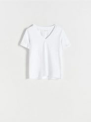 T-shirt regular z merceryzowanej bawełny - biały. Białe t-shirty damskie Reserved, l, bez wzorów, z bawełny, bez kołnierzyka. W wyprzedaży za 29.99 zł.