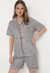 Czarno-Biały Komplet Piżamowy w Kratkę Koszula i Luźne Szorty Elitra. Czarne piżamy damskie Born2be, l, bez wzorów, bez ramiączek. Za 49.99 zł.