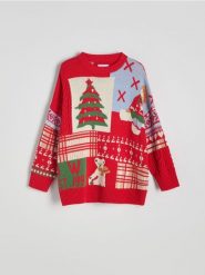 Żakardowy sweter z bawełną - wielobarwny. Swetry klasyczne damskie Reserved, l, z bawełny, bez kołnierzyka. W wyprzedaży za 79.99 zł.