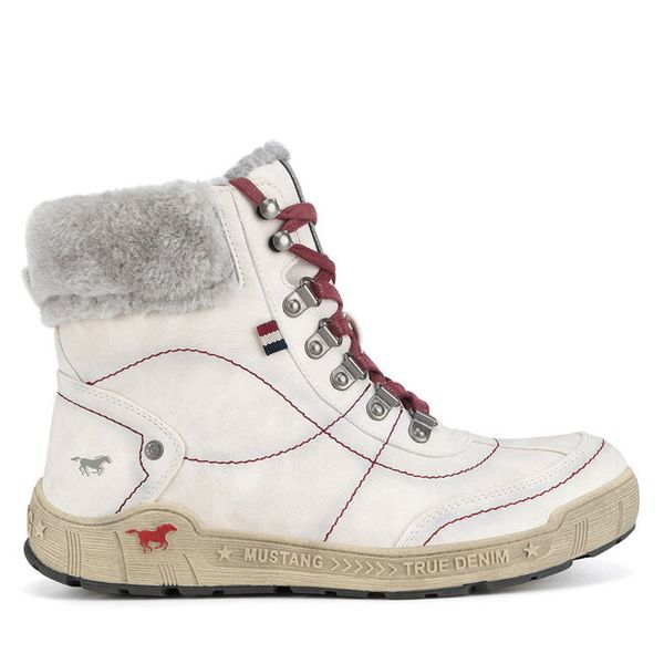 Trzewiki Mustang. Białe botki damskie Mustang, bez obcasa, na płaskiej podeszwie, bez zapięcia. Za 258.99 zł.