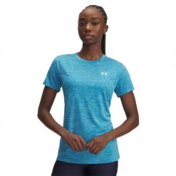 Koszulka treningowa damska Under Armour UA Tech Twist SSC. Niebieskie bluzki damskie Under Armour, bez wzorów, bez kołnierzyka. Za 93.39 zł.