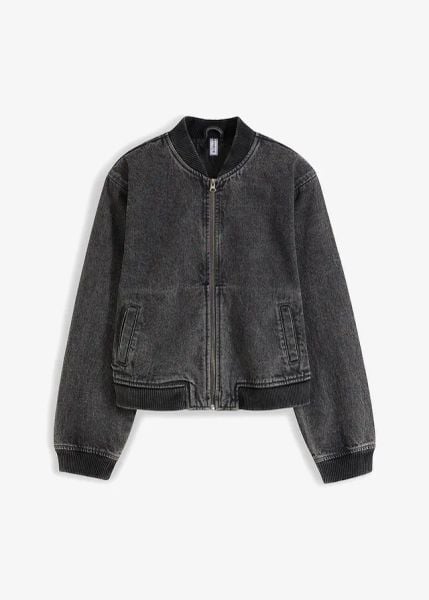 Dżinsowa kurtka bomberka. Szare kurtki damskie bonprix, bez wzorów, z denimu, bez kaptura. Za 147.99 zł.