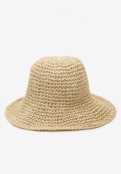 Jasnobeżowy Kapelusz z Plecionki w Stylu Bucket Hat Suai. Brązowe kapelusze damskie Renee, na lato, bez wzorów, z bawełny. Za 49.99 zł.