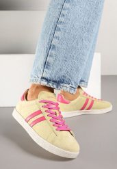 Żółte Zamszowe Sneakersy Tenisówki ze Skórzaną Wkładką i Paskami Ciarilira. Żółte trampki i tenisówki damskie Born2be, bez wzorów, z jeansu. Za 179.99 zł.