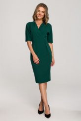 Elegancka sukienka z Kopertowym Dekoltem - Zielona. Zielone sukienki damskie MOE, l, bez wzorów, z elastanu, eleganckie, bez kołnierzyka, bez ramiączek, kopertowe. Za 274.90 zł.